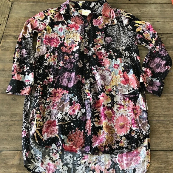 Maeve Dark Floral Black Tunic Top Metallic Boho S - Picture 2 of 7